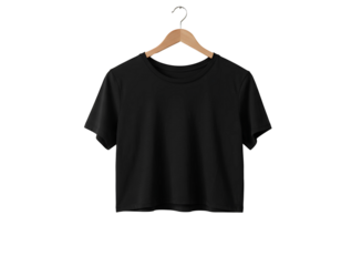 Plain black cropped t shirt hanging on a wooden hanger isolated on transparent background