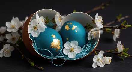 Close up of easter eggs in a broken shell with white flowers on a dark surface