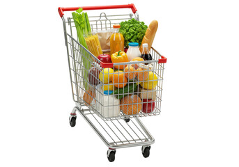 A chrome-plated shopping cart brimming with fresh celery, apples, bell peppers, romaine lettuce, oranges, lemons, spaghetti, water, juice, cola, milk, olive oil bottles, neatly arranged on a pure