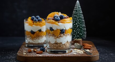 Two glasses of parfait with blueberries and oranges on a wooden board near tree