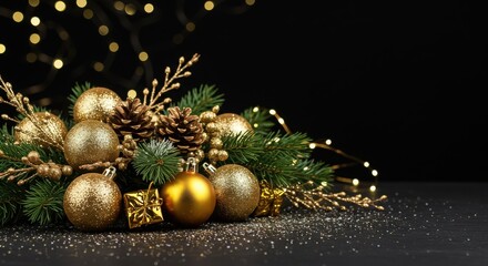 Golden christmas ornaments and pine cones arranged on a dark surface with lights