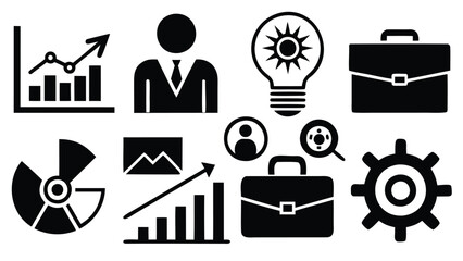 Illustration of business and finance icons including graphs, a person, and other related symbols
