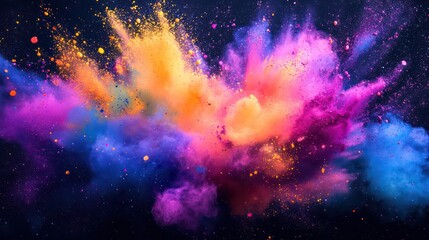 Vibrant explosion of colorful powder paint against a dark cosmic backdrop