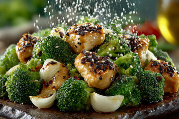 Chicken and Broccoli Stir-Fry with Tender Chicken Slices and Crisp Broccoli Suspended Mid-Air in Glossy Garlic Sauce Action Shot