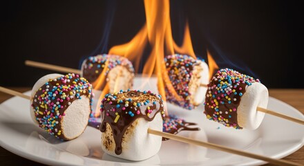 Marshmallows on sticks with chocolate and sprinkles in front of a fire flame