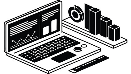 Isometric view of a laptop displaying data charts with bar graphs and a pie chart nearby on a surface