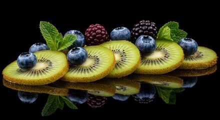 A row of kiwi slices topped with blueberries and other berries on black surface