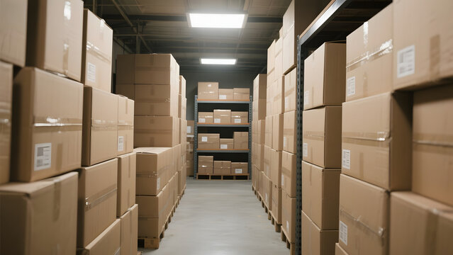 Rows of stacked cardboard boxes in a well-lit warehouse