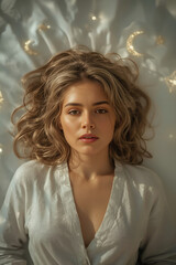 Ethereal Beauty in Soft Morning Light – Blonde Woman in White Robe with Celestial Vibe