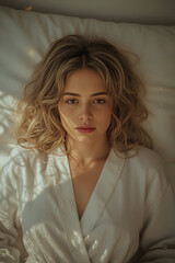 Ethereal Beauty in Soft Morning Light – Blonde Woman in White Robe with Celestial Vibe