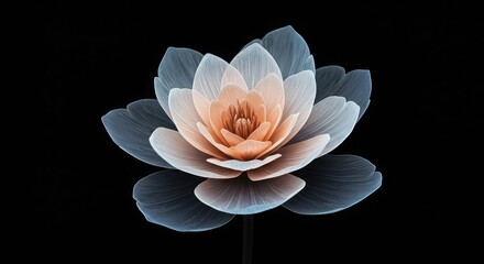 Close up of a lotus flower with light blue and peach petals on black background