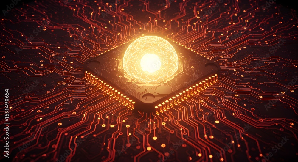 Poster a glowing sphere sits atop a computer chip with intricate circuit patterns radiating outwards in a w