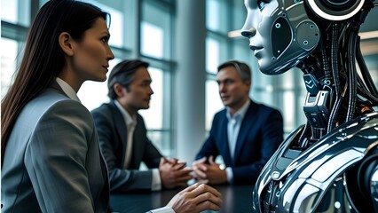 Business Team Meeting With Advanced AI Robot in a Modern Office