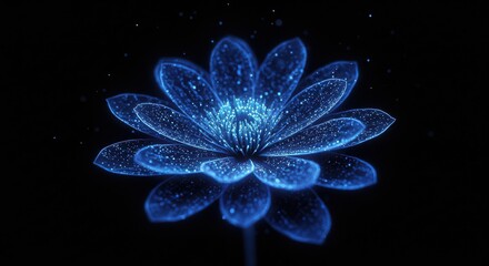 Glowing blue flower with intricate details on a dark black background scene