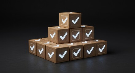 A pyramid of cardboard boxes with white check marks on a dark background scene
