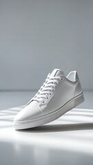 Stylish White Leather Sneaker; Minimalist Studio Shot; Modern Fashion Footwear; Clean Design.