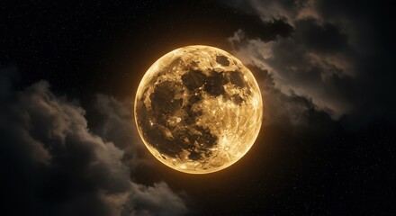 A bright full moon shines amidst dark clouds in the night sky above earth