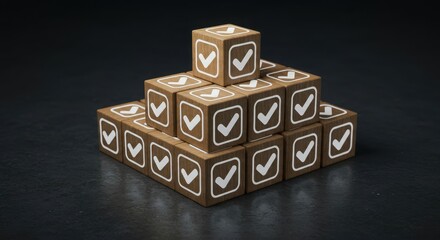 Stack of wooden blocks with check marks arranged in a pyramid shape on dark surface