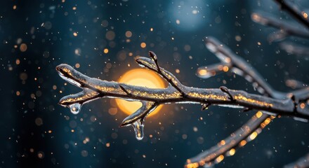Close up of a branch covered in ice with a blurred light source behind it