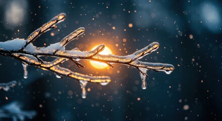 Frozen branch with ice droplets illuminated by sunlight in a winter scene