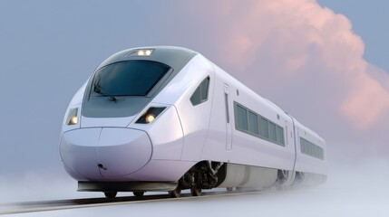 Naklejka premium A leeyongjay style watercolor painting of a sleek modern train speeds through a dreamy landscape, making it perfect for a website header design and interface.