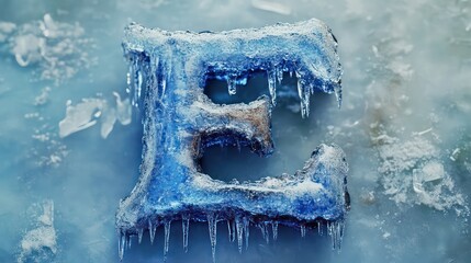 Detailed Close-Up of Icy Letter E with Dripping Icicles and Blue Tones