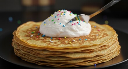 Stack of crepes topped with whipped cream and sprinkles with a spoon in it