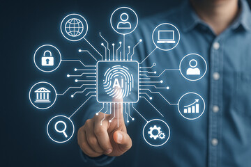 Ai artificial intelligence technology concept with man touching ai fingerprint interface design on screen