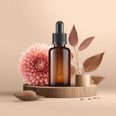 Amber dropper bottle, pink flower, wooden podium