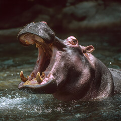 Hippopotamus opening mouth showing huge teeth in water
