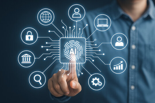 Ai artificial intelligence technology concept with man touching ai fingerprint interface design on screen