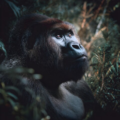 Western lowland gorilla observing the forest surroundings