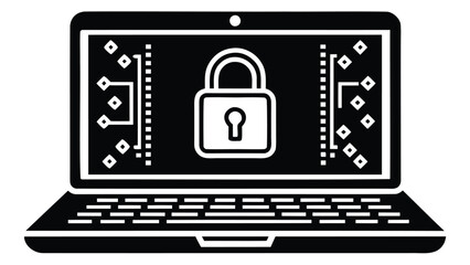 Black laptop displaying a white padlock icon with circuit board patterns on the screen view image