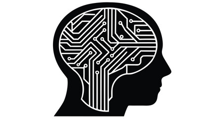 Stylized human head silhouette filled with a circuit board pattern in white on a black background