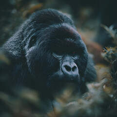 Majestic mountain gorilla resting in lush green vegetation