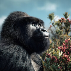 Majestic mountain gorilla observing the surroundings in its natural habitat