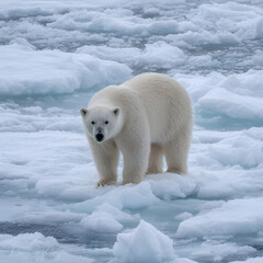 Polar bear walking on ice floes in arctic ocean