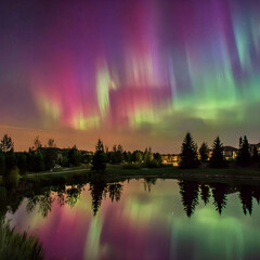 Northern lights reflecting in a lake at twilight near a residential area