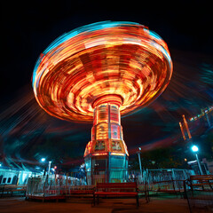 Carousel creating colorful trails of light at night in amusement park