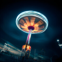 Carousel spinning at night with motion blur, funfair lights creating festive atmosphere