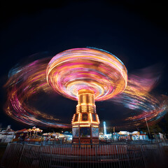 Colorful carousel spinning at night in amusement park