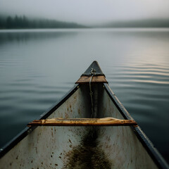 Old canoe sailing on a misty lake in the morning