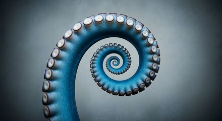 A closeup, abstract view of a blue octopus tentacle curling into a hypnotic spiral pattern with visible suckers against a dark, textured background