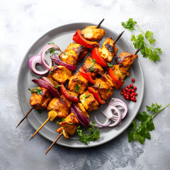 Grilled chicken skewers with red peppers and onions on gray plate