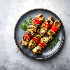 Grilled chicken skewers with red bell peppers and herbs on a plate
