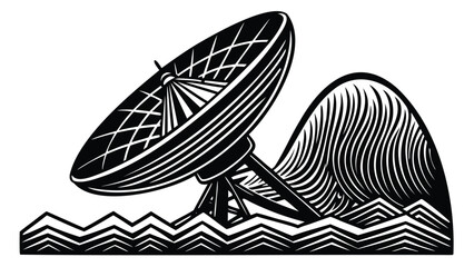 Illustration of a satellite dish on a mountain range with zigzag patterned ground in black and white style