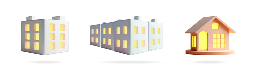 Fototapeta premium 3D illustrated houses and buildings with glowing windows. Real estate market, property development. Investment and housing concept.