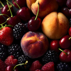 Fresh summer fruits showing peaches, blackberries, cherries, strawberries and raspberries