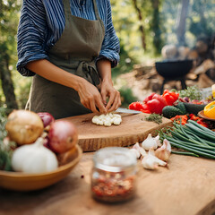 Chef chopping garlic cloves on wooden cutting board, preparing ingredients for outdoor meal