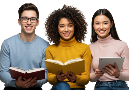 A diverse group of three young adults smiling while engrossed in learning, with two holding books and one using a tablet, isolated on a transparent background